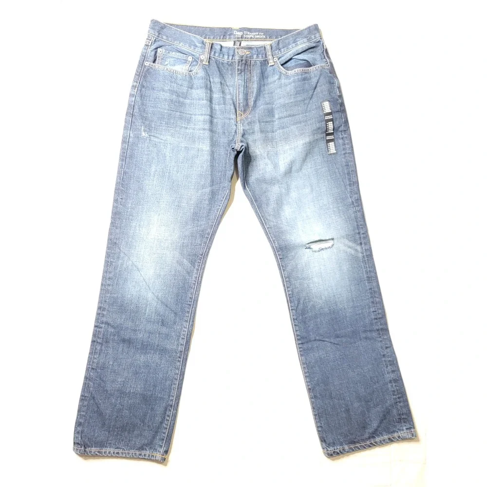 Gap Straight Fit Jeans Mens 35x32 Classic Denim Cotton Dark Indigo Distressed